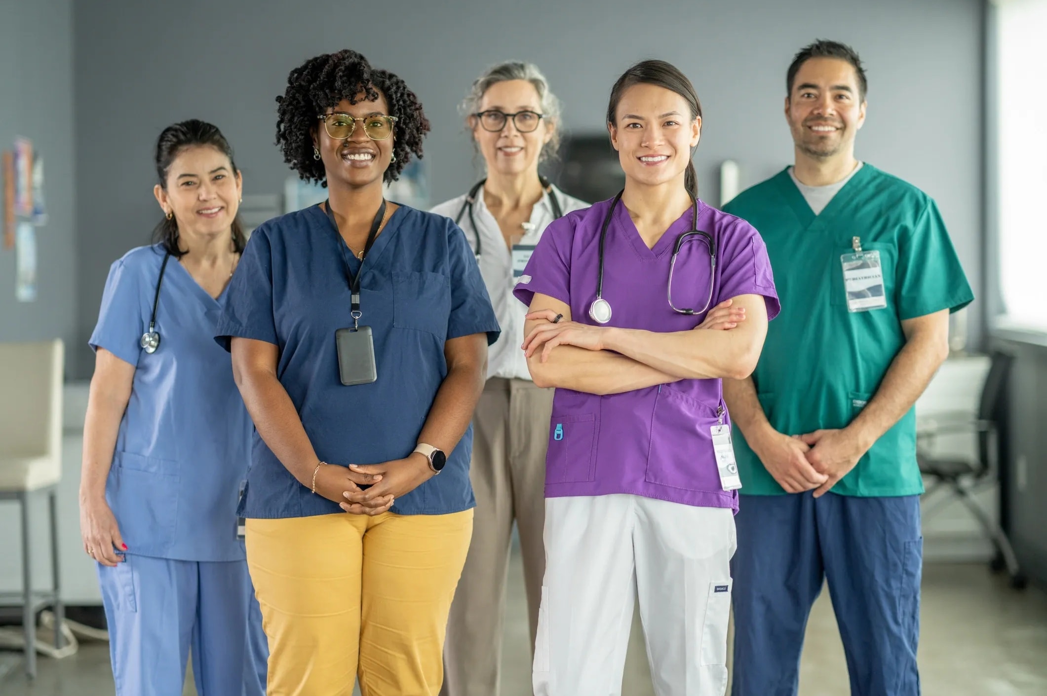 Diverse medical team of nurses and physical therapists